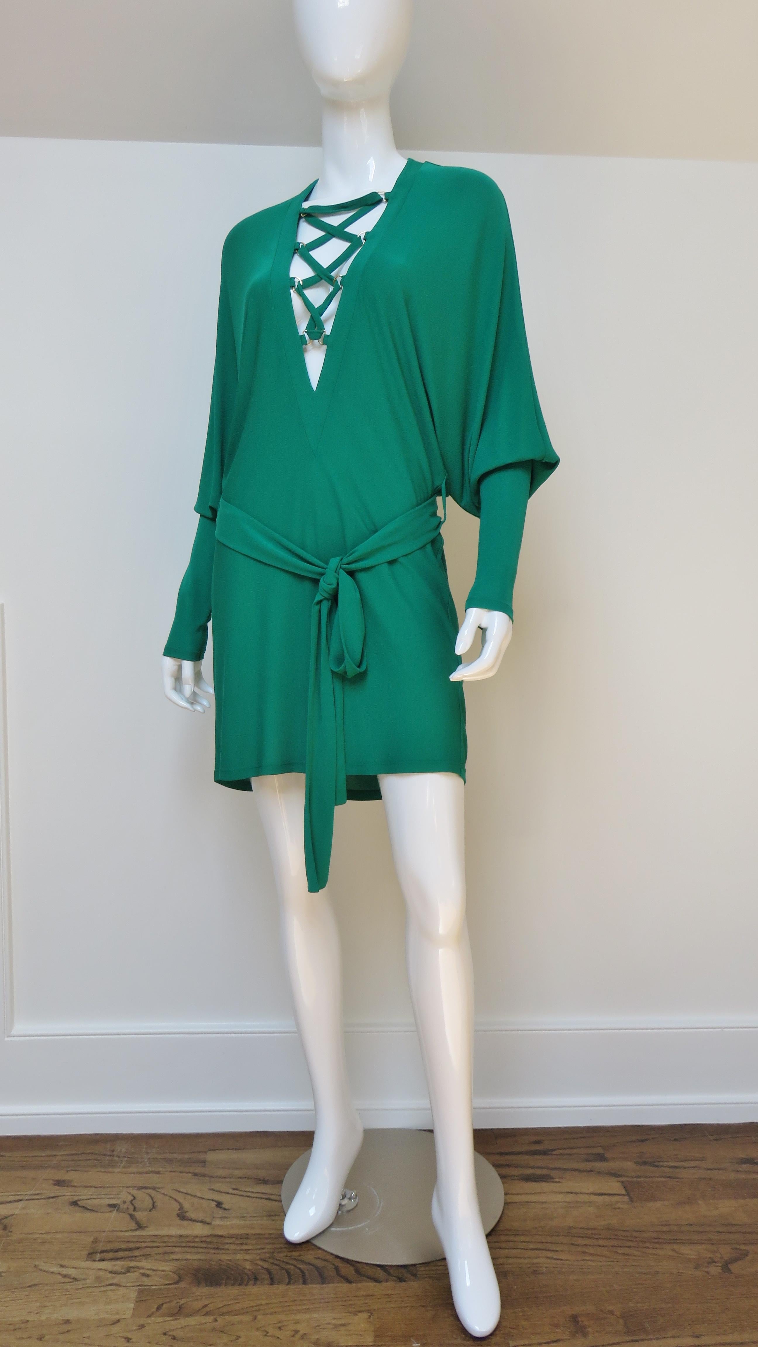 Women's Balmain Emerald Green Lace up Plunge Dress