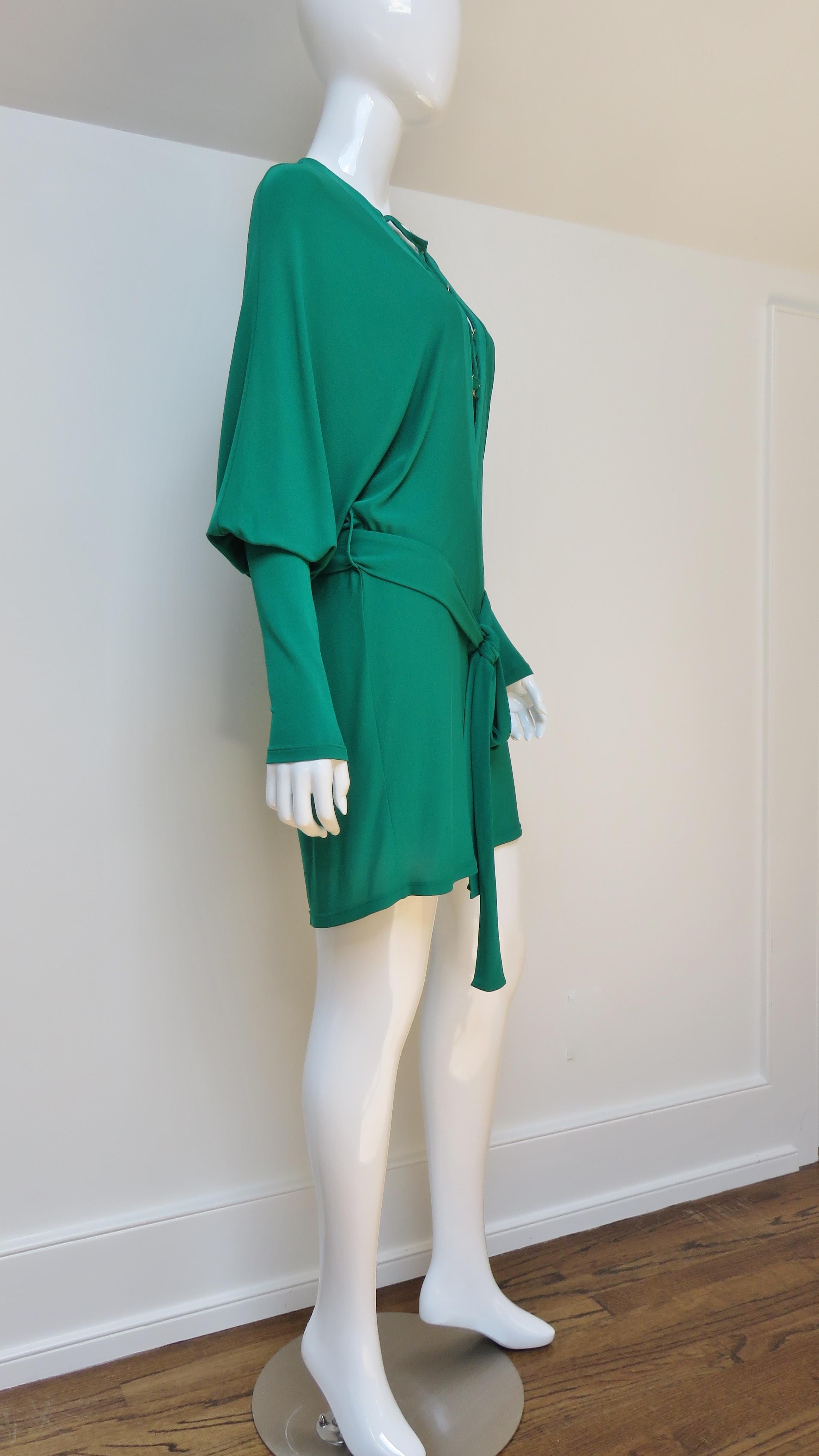 Balmain Emerald Green Lace up Plunge Dress 1