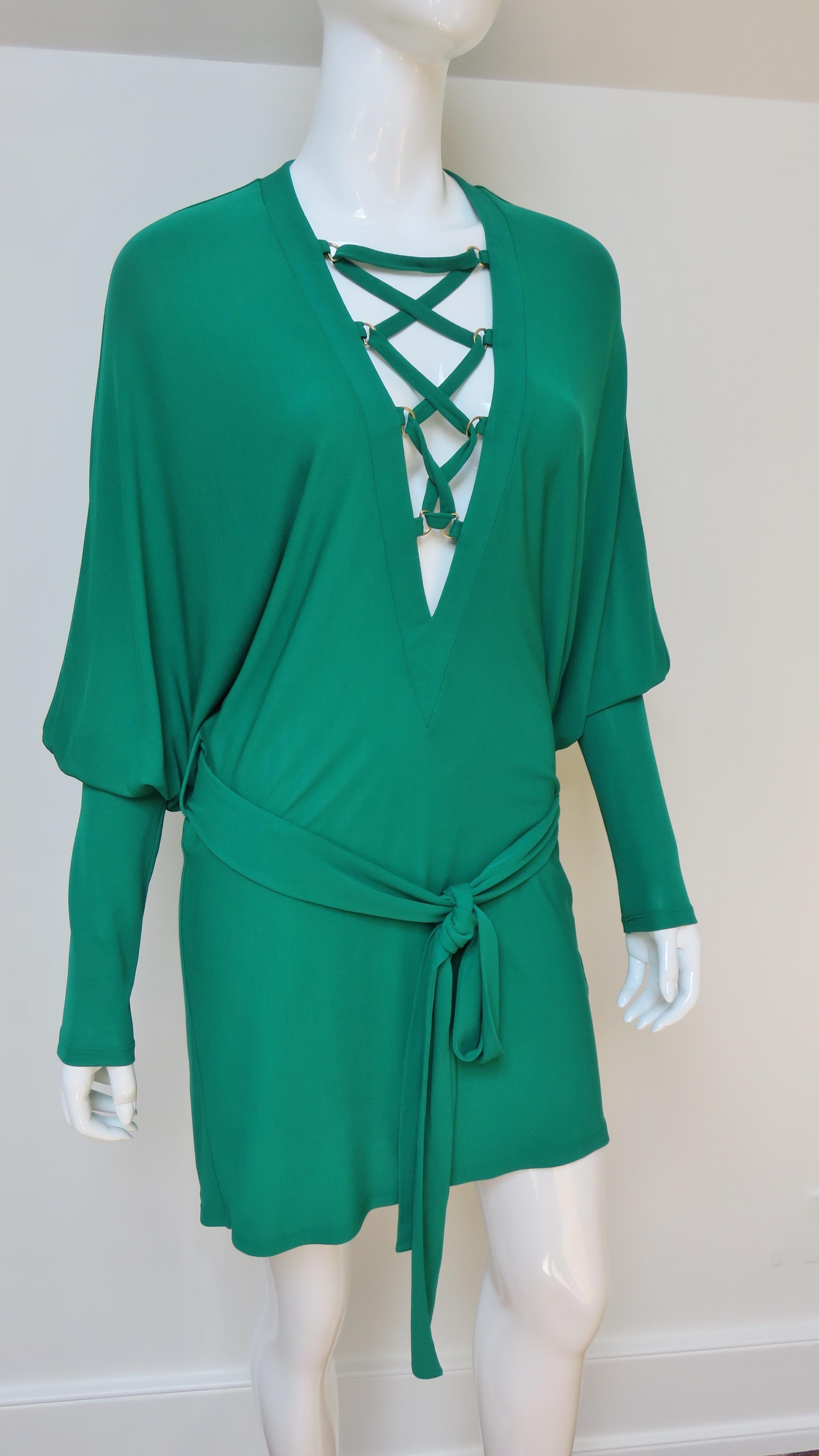 Balmain Emerald Green Lace up Plunge Dress 2