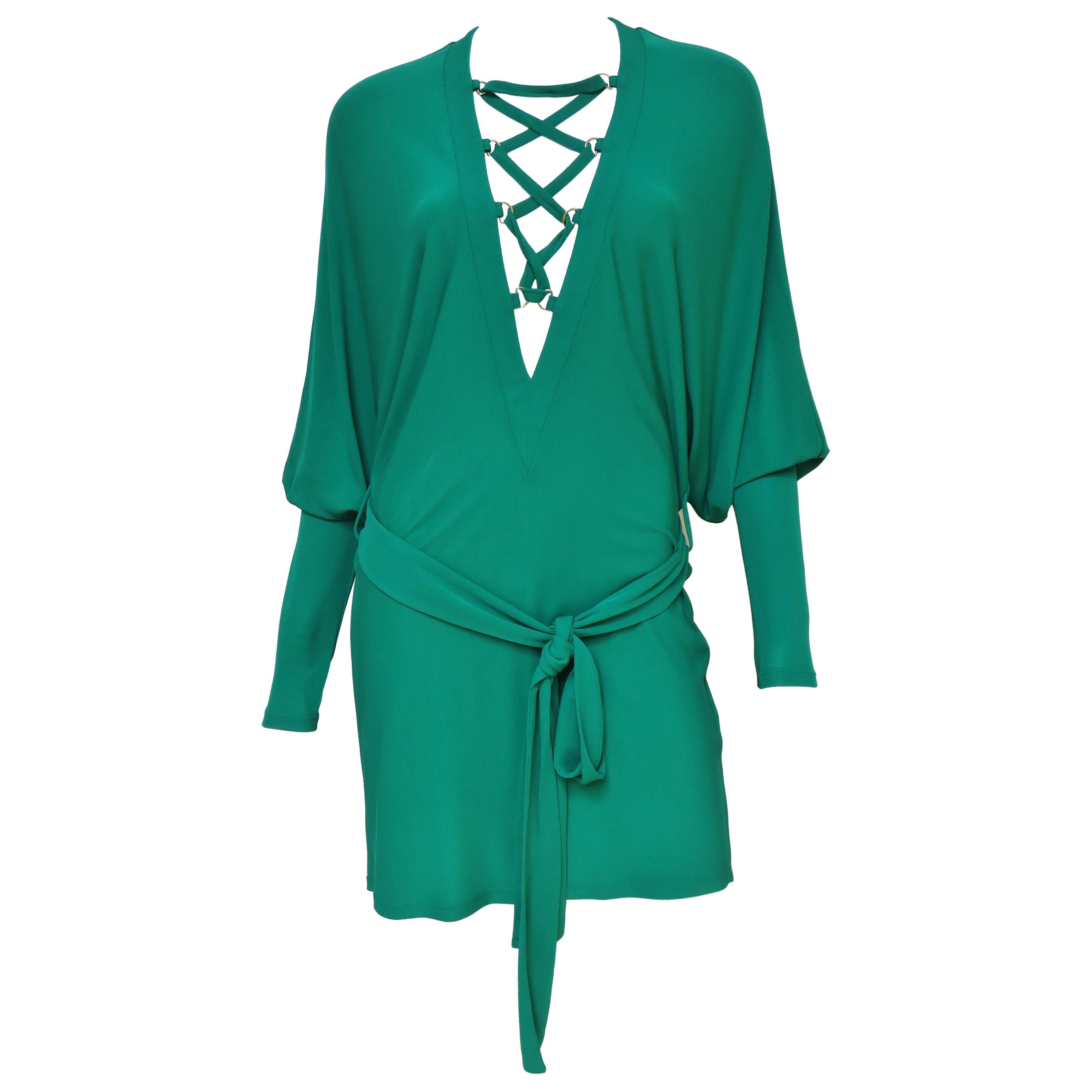 Balmain Emerald Green Lace up Plunge Dress