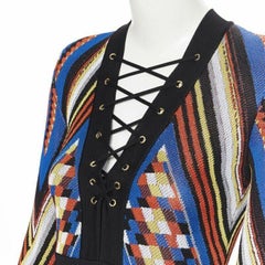BALMAIN ethnic tribal knitted lace V-neck bodycon mini dress FR38 M