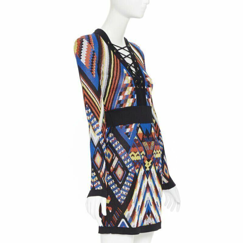 Black BALMAIN ethnic tribal knitted lace V-neck bodycon mini dress FR38 M For Sale