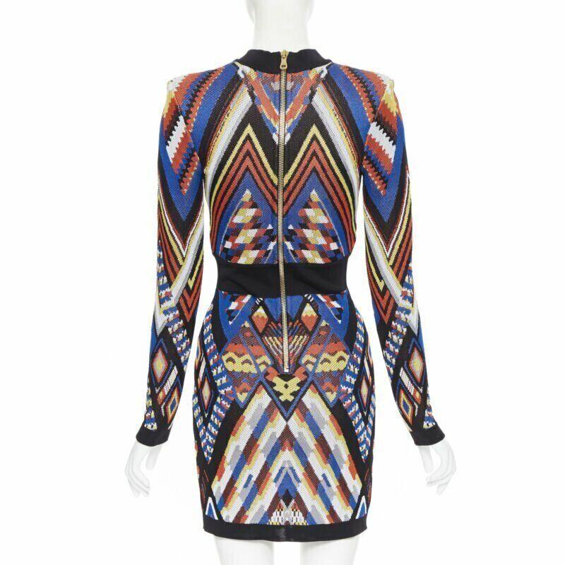 Women's BALMAIN ethnic tribal knitted lace V-neck bodycon mini dress FR38 M For Sale