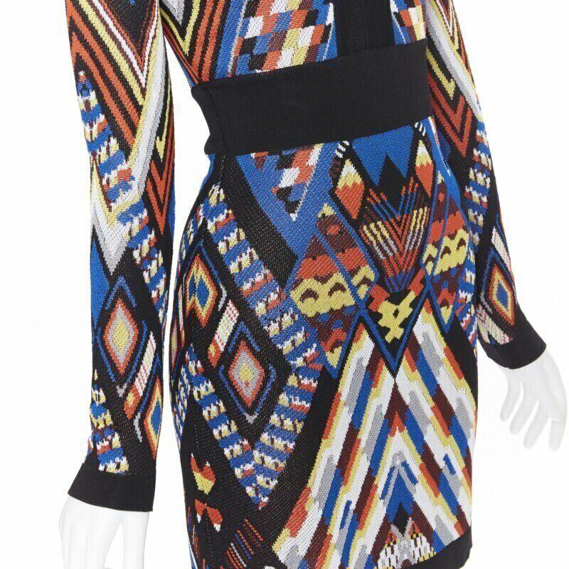 BALMAIN ethnic tribal knitted lace V-neck bodycon mini dress FR38 M For Sale 3