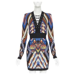 BALMAIN ethnic tribal knitted lace V-neck bodycon mini dress FR38 M
