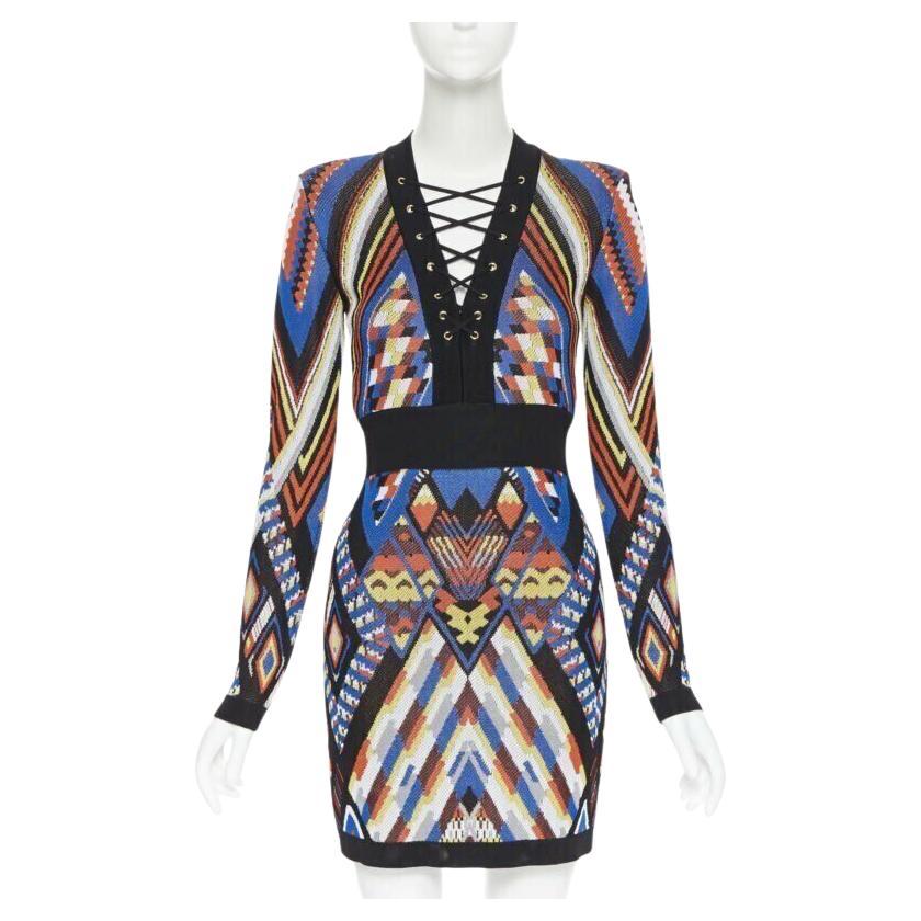 BALMAIN ethnic tribal knitted lace V-neck bodycon mini dress FR38 M For Sale