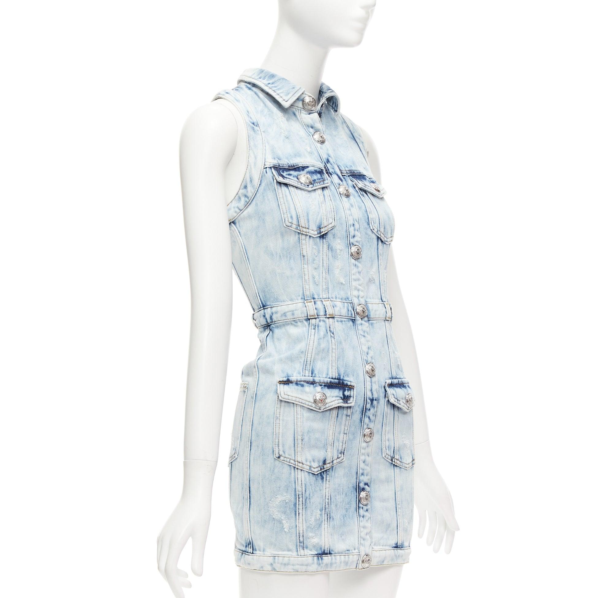 Blue BALMAIN faded blue distressed denim silver buttons 4 pocket fitted dress FR34 XS For Sale