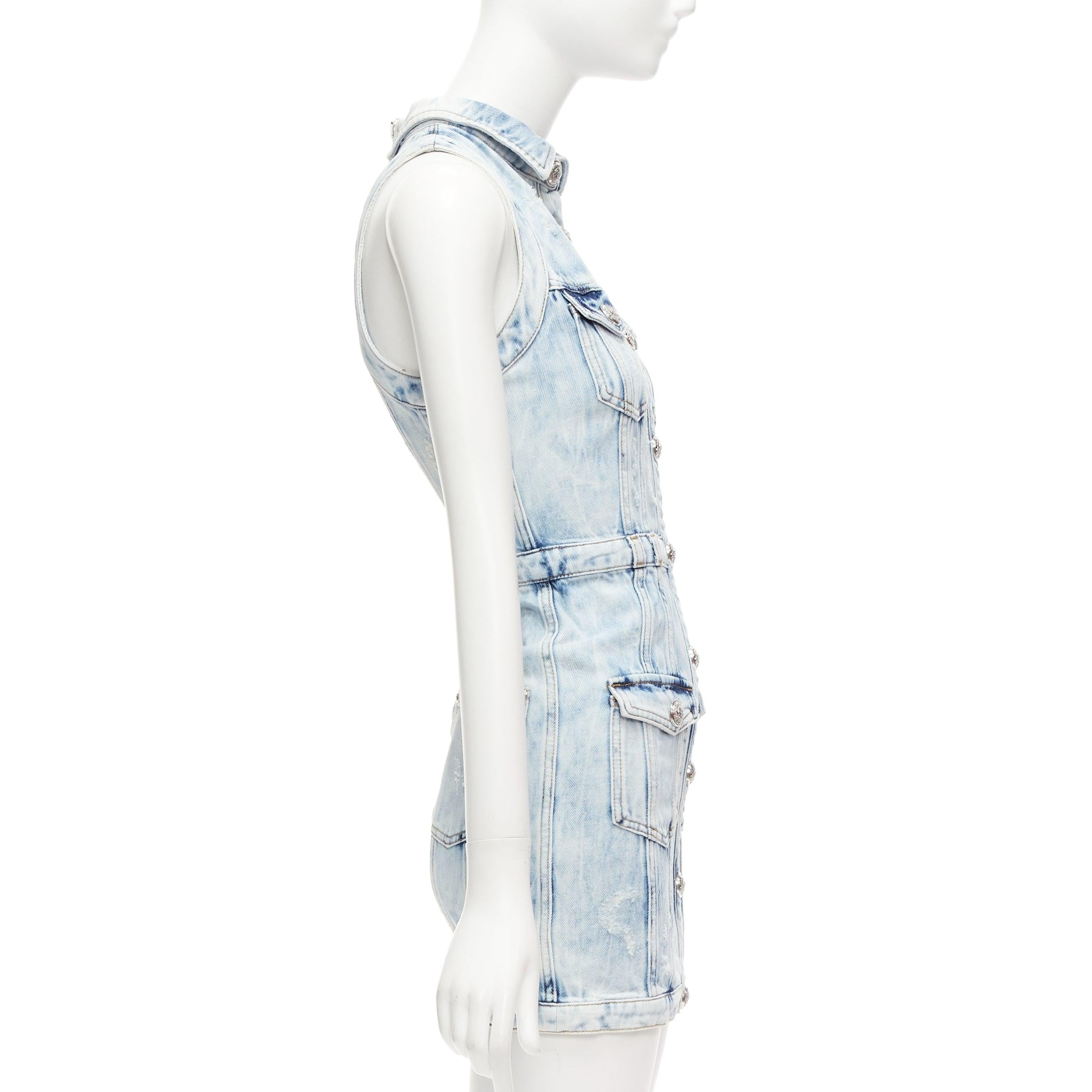 BALMAIN faded blue distressed denim silver buttons 4 pocket fitted dress FR34 XS In Excellent Condition For Sale In Hong Kong, NT