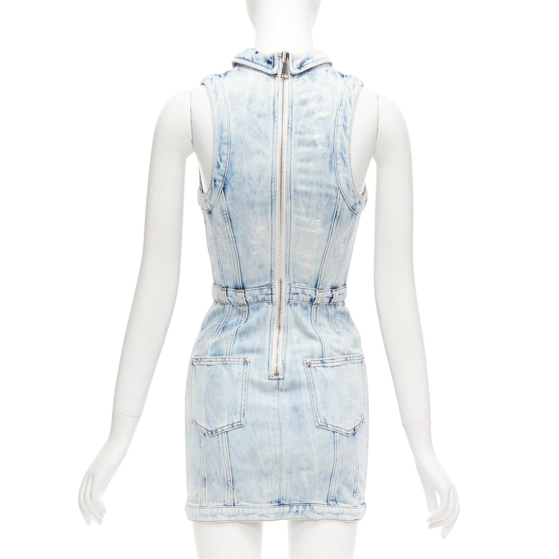 Women's BALMAIN faded blue distressed denim silver buttons 4 pocket fitted dress FR34 XS For Sale