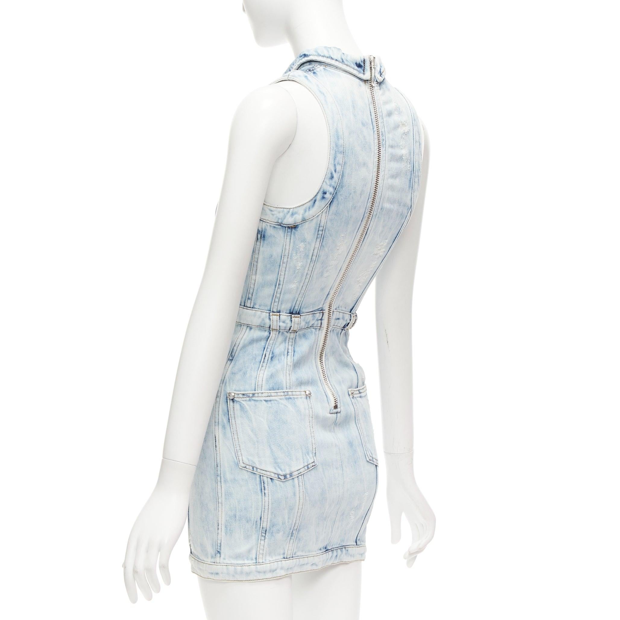 BALMAIN faded blue distressed denim silver buttons 4 pocket fitted dress FR34 XS For Sale 2