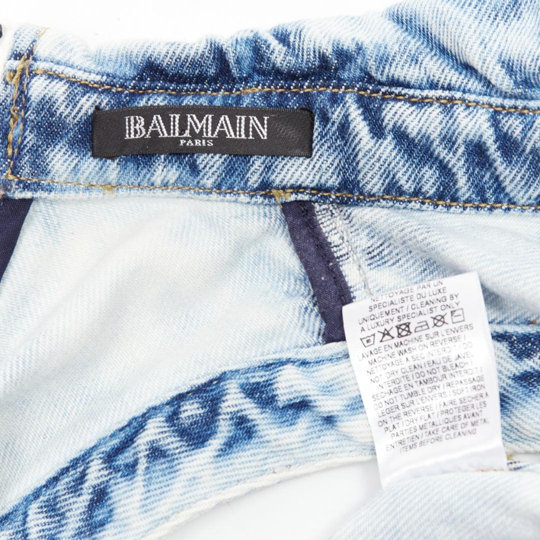 BALMAIN faded blue distressed denim silver buttons 4 pocket fitted dress FR34 XS For Sale 3