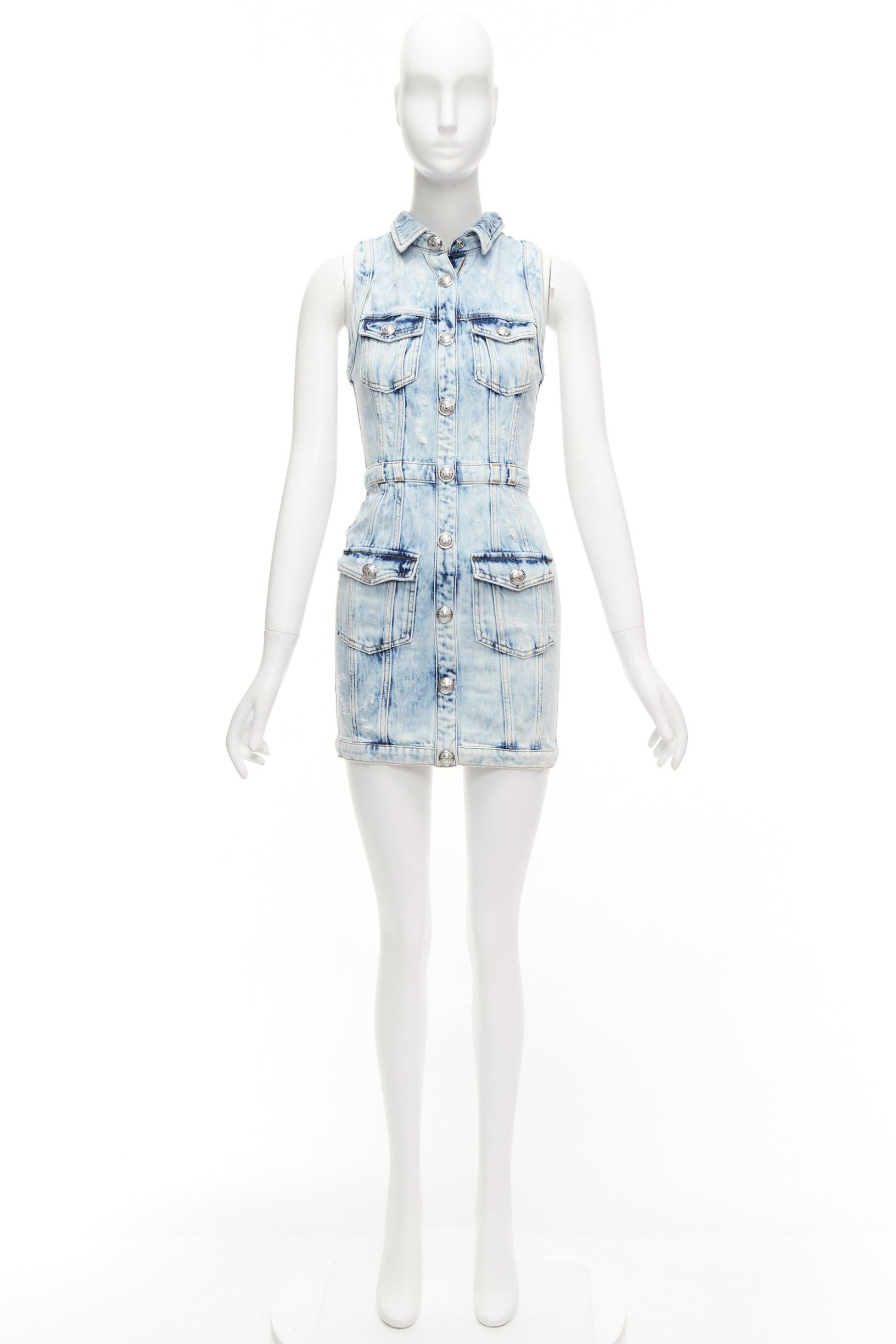 BALMAIN faded blue distressed denim silver buttons 4 pocket fitted dress FR34 XS For Sale 4