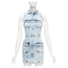 BALMAIN faded blue distressed denim silver buttons 4 pocket fitted dress FR34 XS
