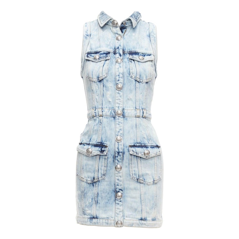 BALMAIN faded blue distressed denim silver buttons 4 pocket fitted dress  FR34 XS For Sale at 1stDibs