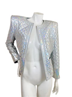 Balmain Fall 2018 Look 8 Runway Holographic Silver Quilted Jacket 38