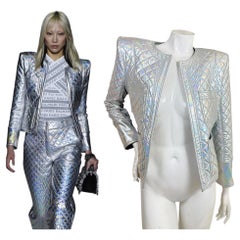 Balmain Fall 2018 Look 8 Runway Holographic Silver Quilted Jacket 38