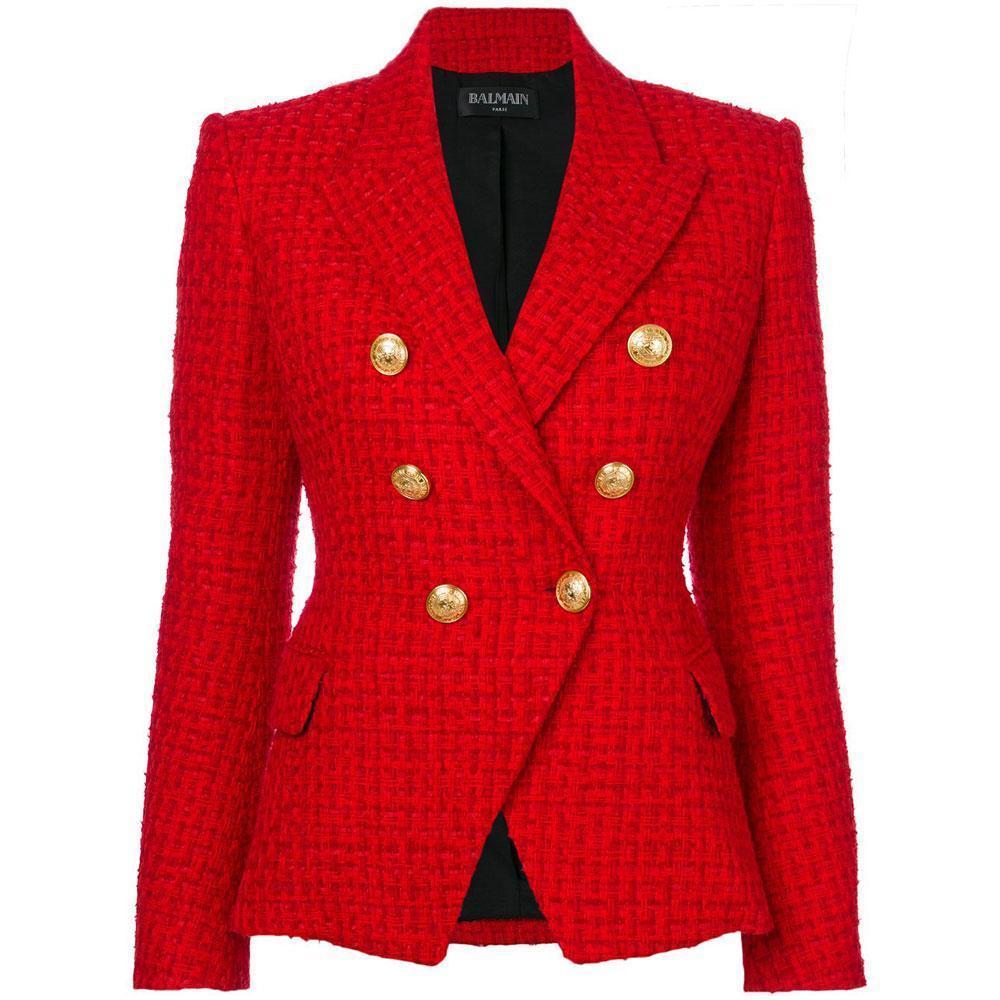 Long sleeve woven cotton and acrylic-blend tweed blazer in red. Peaked lapel collar. Double-breasted button closure. Patch pocket at bust. Flap pockets at waist. Five-button surgeon's cuffs. Viscose-blend twill lining in black. Logo-engraved