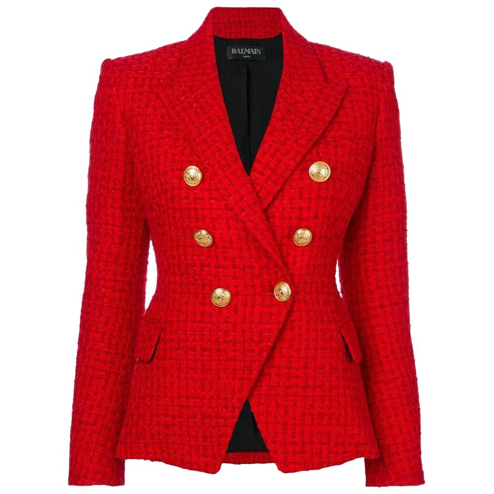 Balmain Frayed Red Tweed Jacket For Sale