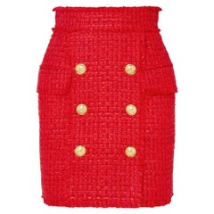 Balmain Frayed Red Tweed Skirt