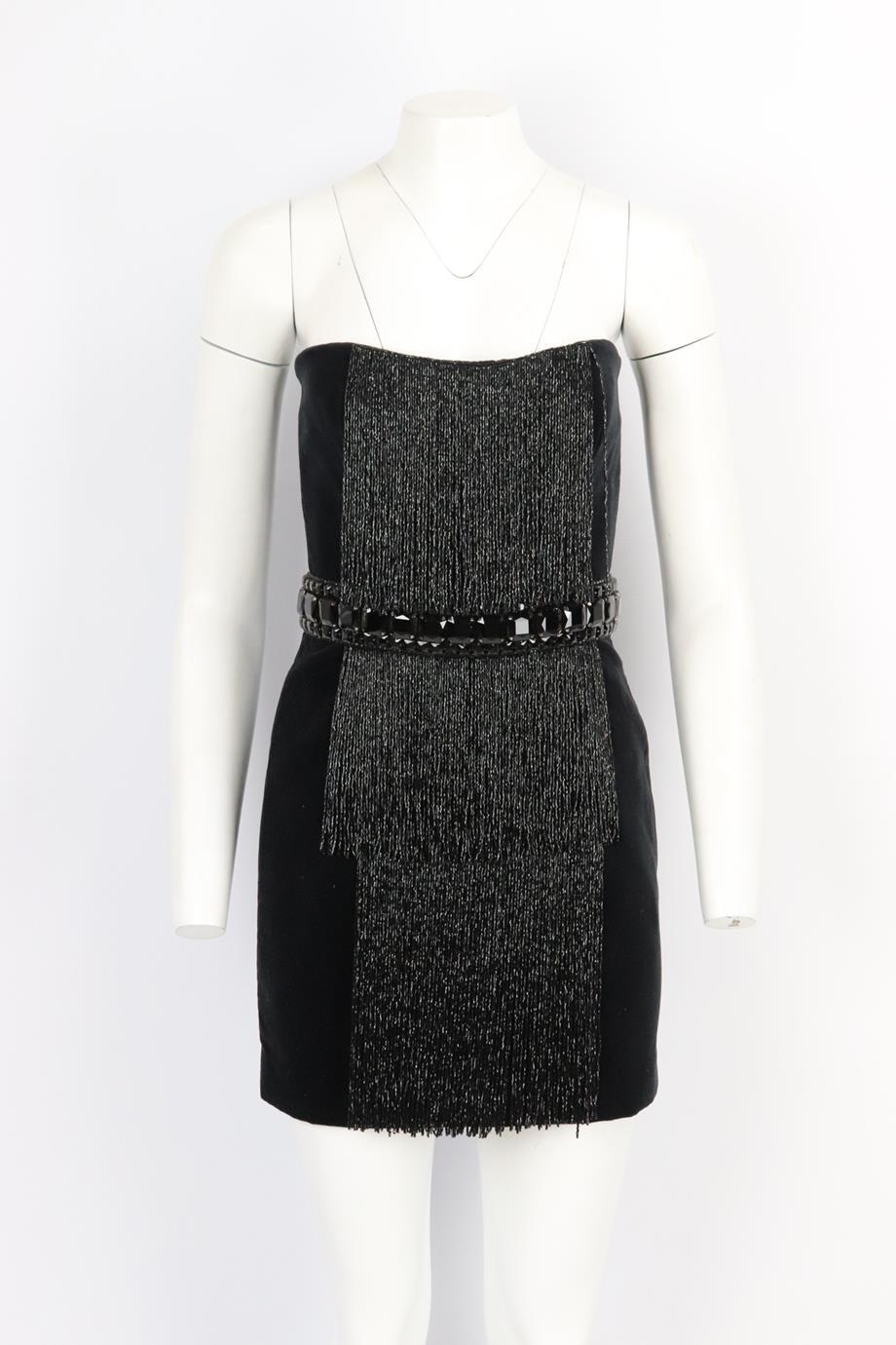 Balmain fringed beaded velvet mini dress. Black. Sleeveless, strapless. 100% Cotton; fabric2: 82% polyamide, 18% elastane; embroidery: 90% glass, 10% brass. Size: FR 38 (UK 10, US 6, IT 42). Bust: 34 in. Waist: 28 in. Hips: 36.8 in. Length: 25 in.