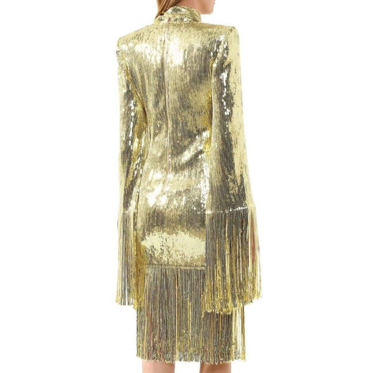 Balmain Fringed Gold Sequined Mini Dress In New Condition For Sale In Brossard, QC