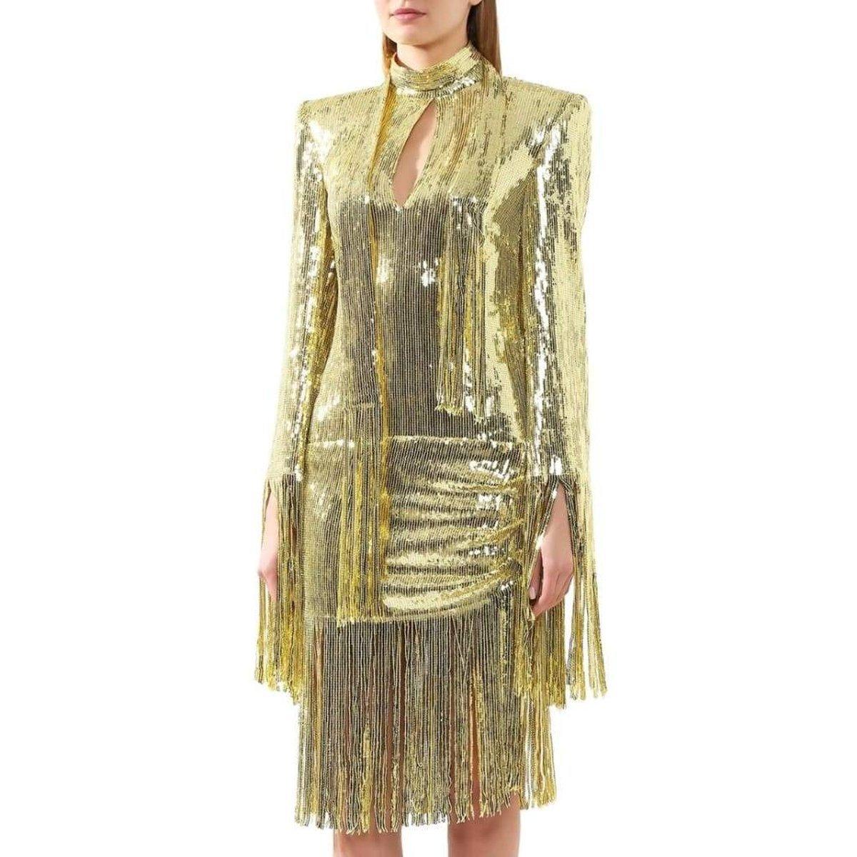 Women's Balmain Fringed Gold Sequined Mini Dress For Sale