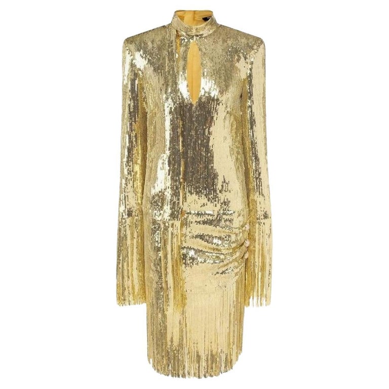 Balmain Fringed Gold Sequined Dress For Sale at