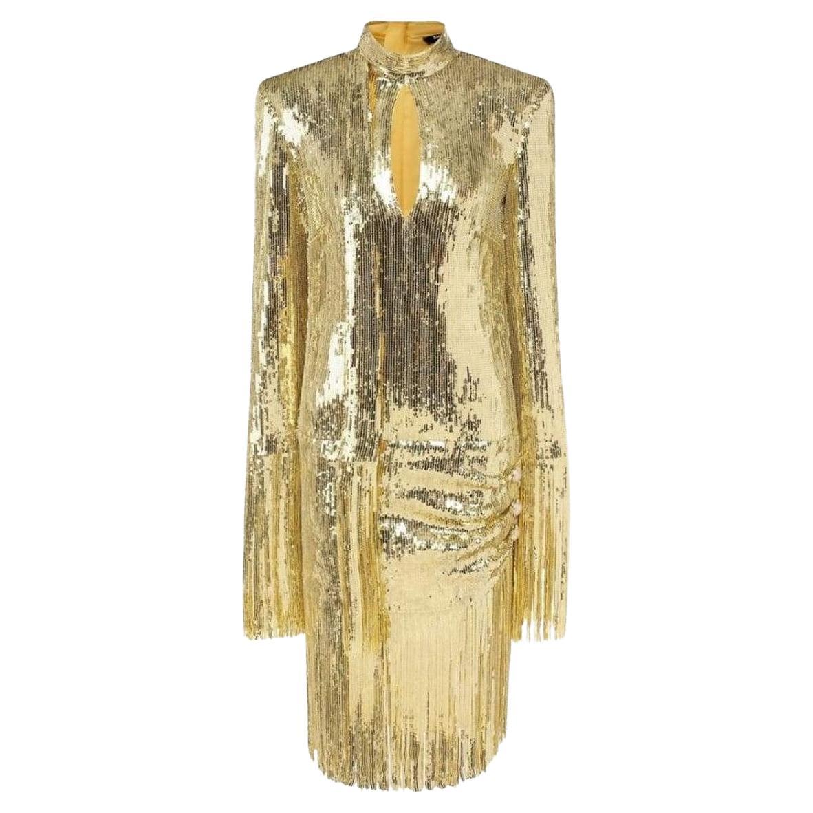 Balmain Fringed Gold Sequined Mini Dress For Sale