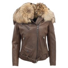 Balmain FW 2011 Decarnin Brown Leather Fur Trim Moto Aviator Jacket FR 42