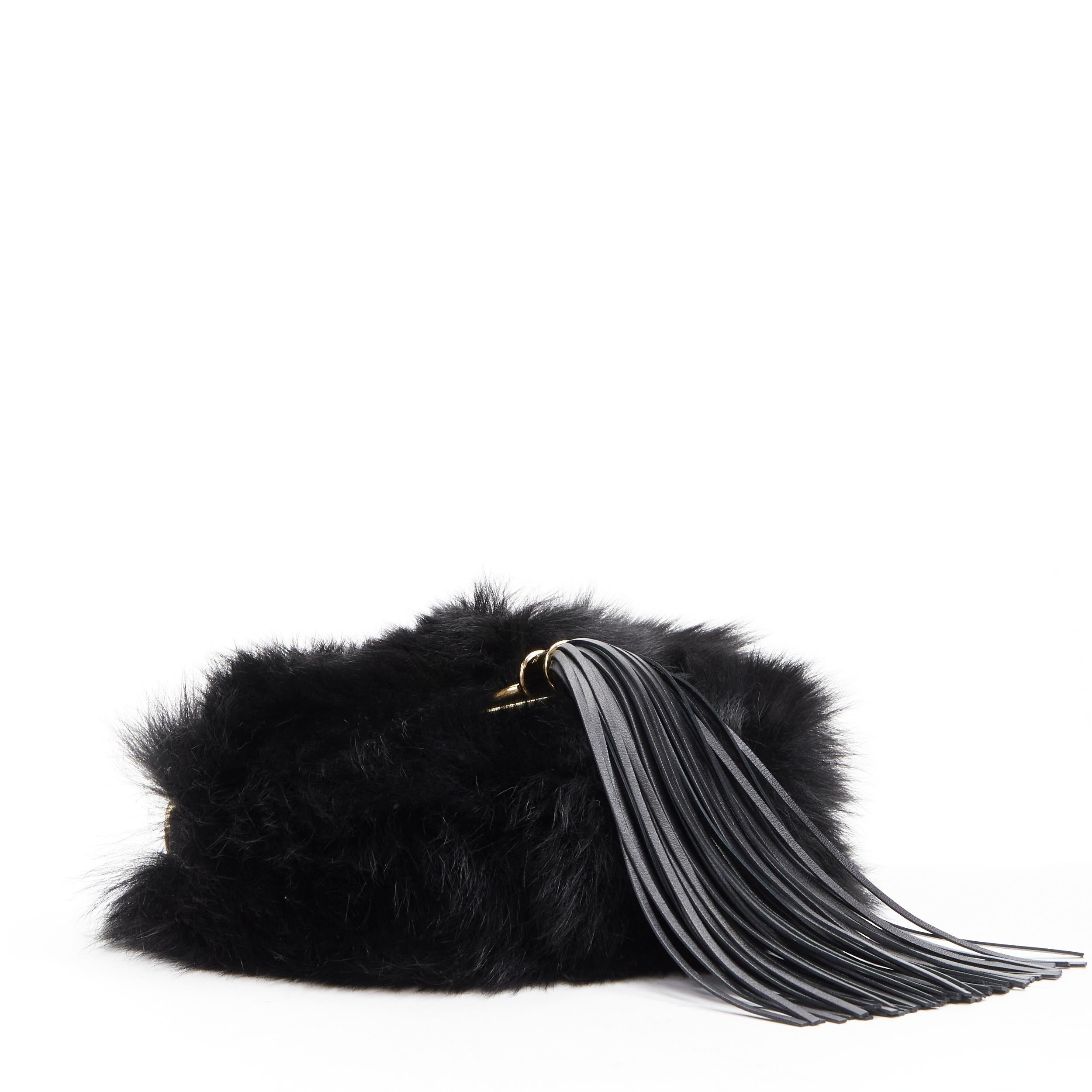 Women's BALMAIN genuine fur black fringe gold metal frame half half moon crossbody bag For Sale
