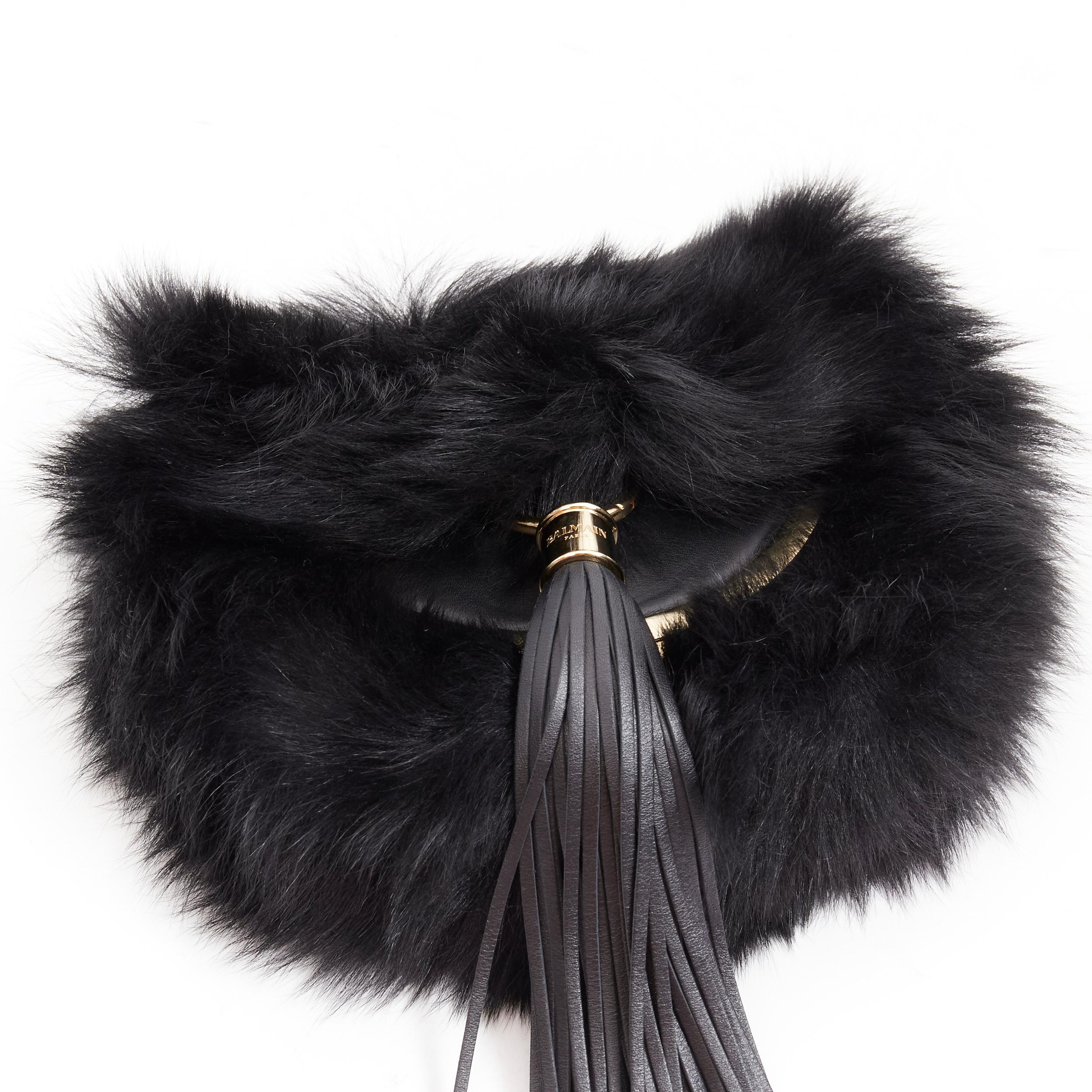BALMAIN genuine fur black fringe gold metal frame half half moon crossbody bag For Sale 2