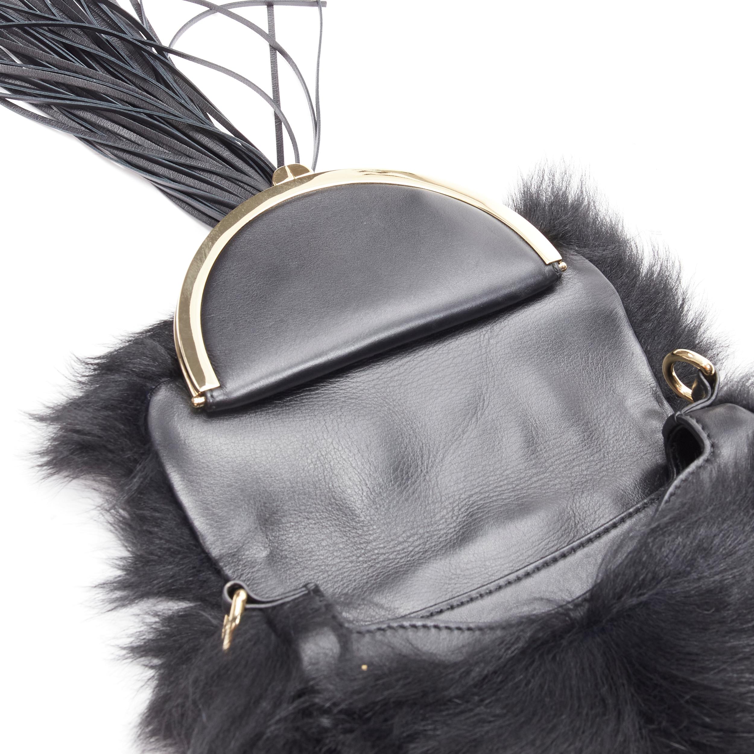 BALMAIN genuine fur black fringe gold metal frame half half moon crossbody bag For Sale 3