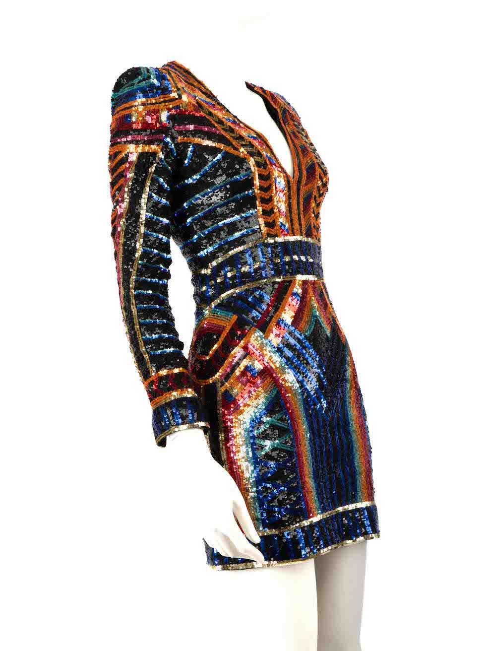 CONDITION is Very Good. Hardly any visible wear to dress is evident on this used Balmain designer resale item.
 
 
 
 Details
 
 
 Multicolour
 
 Synthetic
 
 Dress
 
 Geometric sequinned pattern
 
 Back zip fastening
 
 Mini
 
 Long sleeves
 
