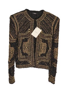 Balmain Gold Black Boucle Tweed Gold Studded Power Shoulder Jacket