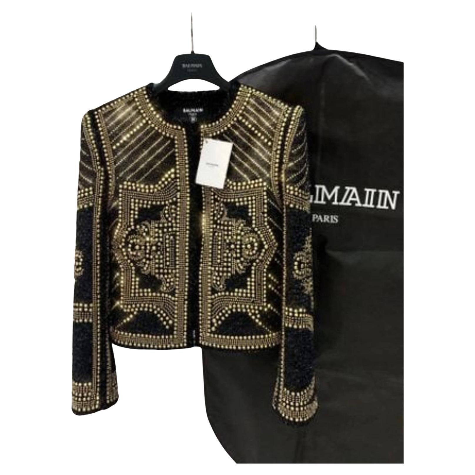 Balmain Gold Black Boucle Tweed Gold Studded Power Shoulder Jacket
