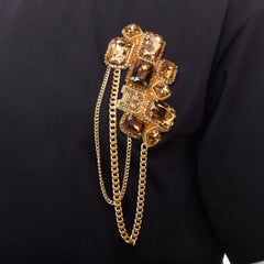 BALMAIN gold buttons chain embellished brooch black cotton crop tshirt XS