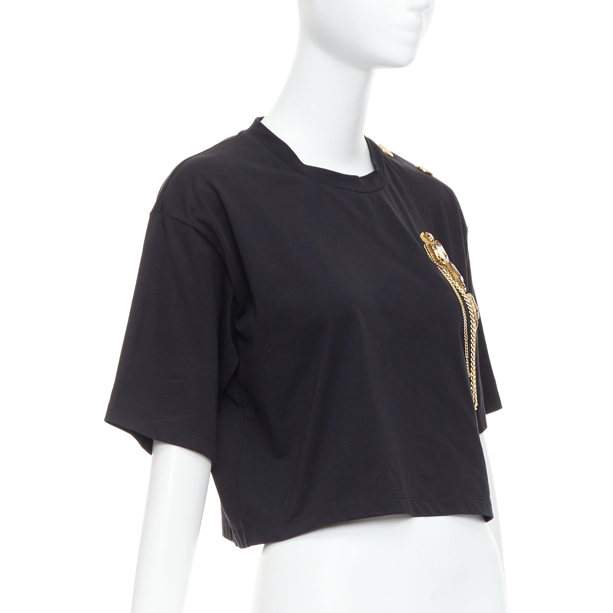 Black BALMAIN gold buttons chain embellished brooch black cotton crop tshirt XS For Sale