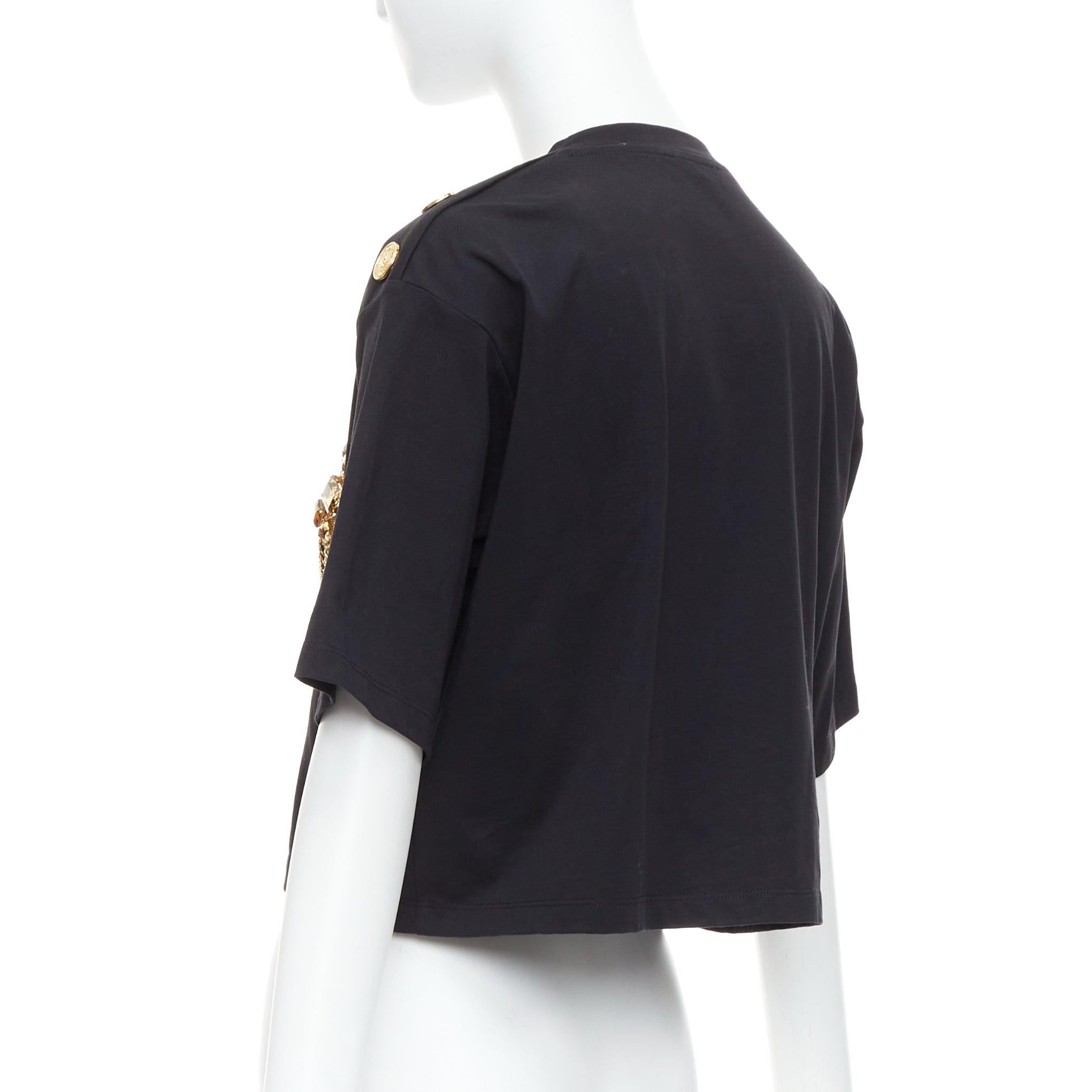 BALMAIN gold buttons chain embellished brooch black cotton crop tshirt XS For Sale 1