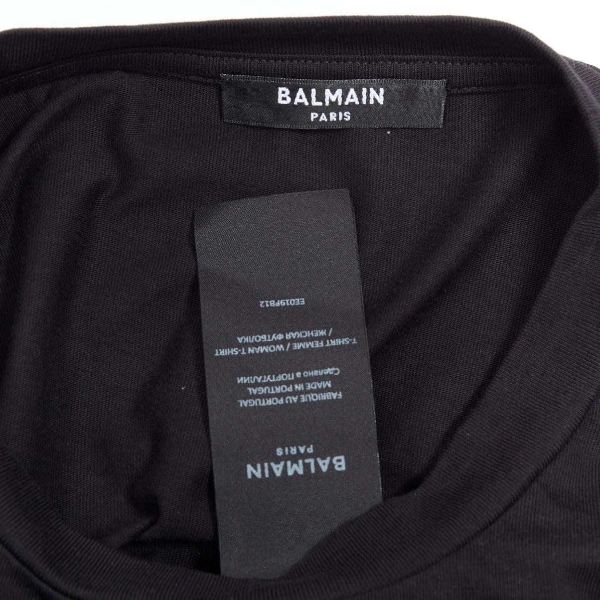BALMAIN gold buttons chain embellished brooch black cotton crop tshirt XS For Sale 3