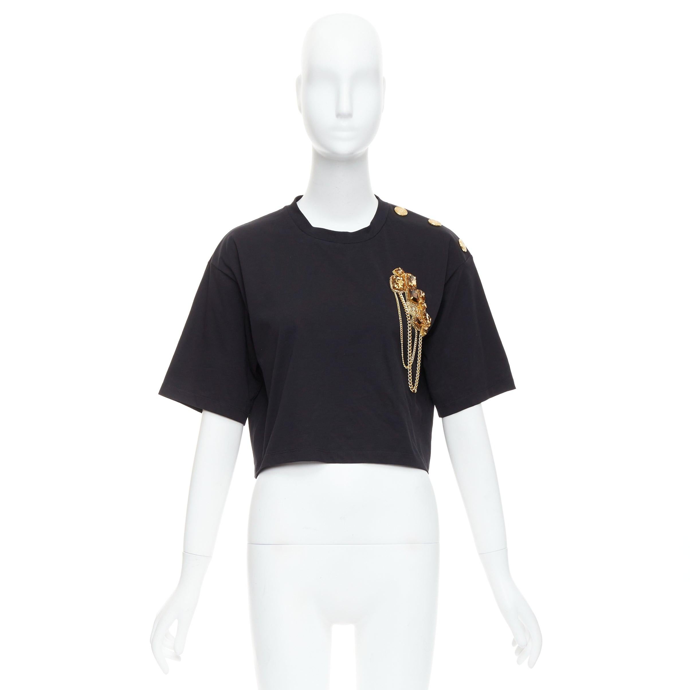 BALMAIN gold buttons chain embellished brooch black cotton crop tshirt XS For Sale 4