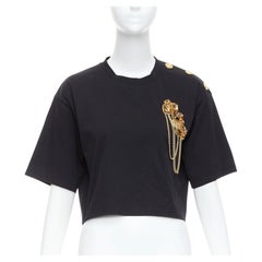 BALMAIN gold buttons chain embellished brooch black cotton crop tshirt XS