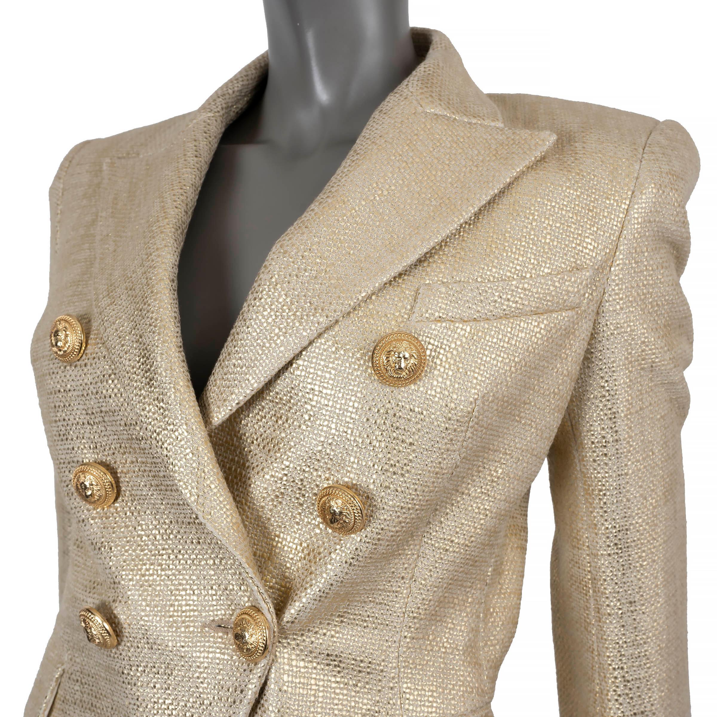 Women's BALMAIN gold cotton METALLIC DOUBLE BREASTED Blazer Jacket 36 XS For Sale