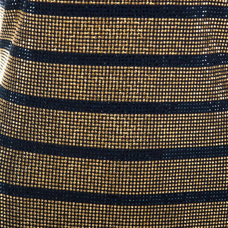 Gray Balmain Gold Crystal Embellished Striped One Shoulder Mini Dress L