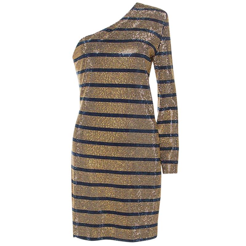Balmain Gold Crystal Embellished Striped One Shoulder Mini Dress L