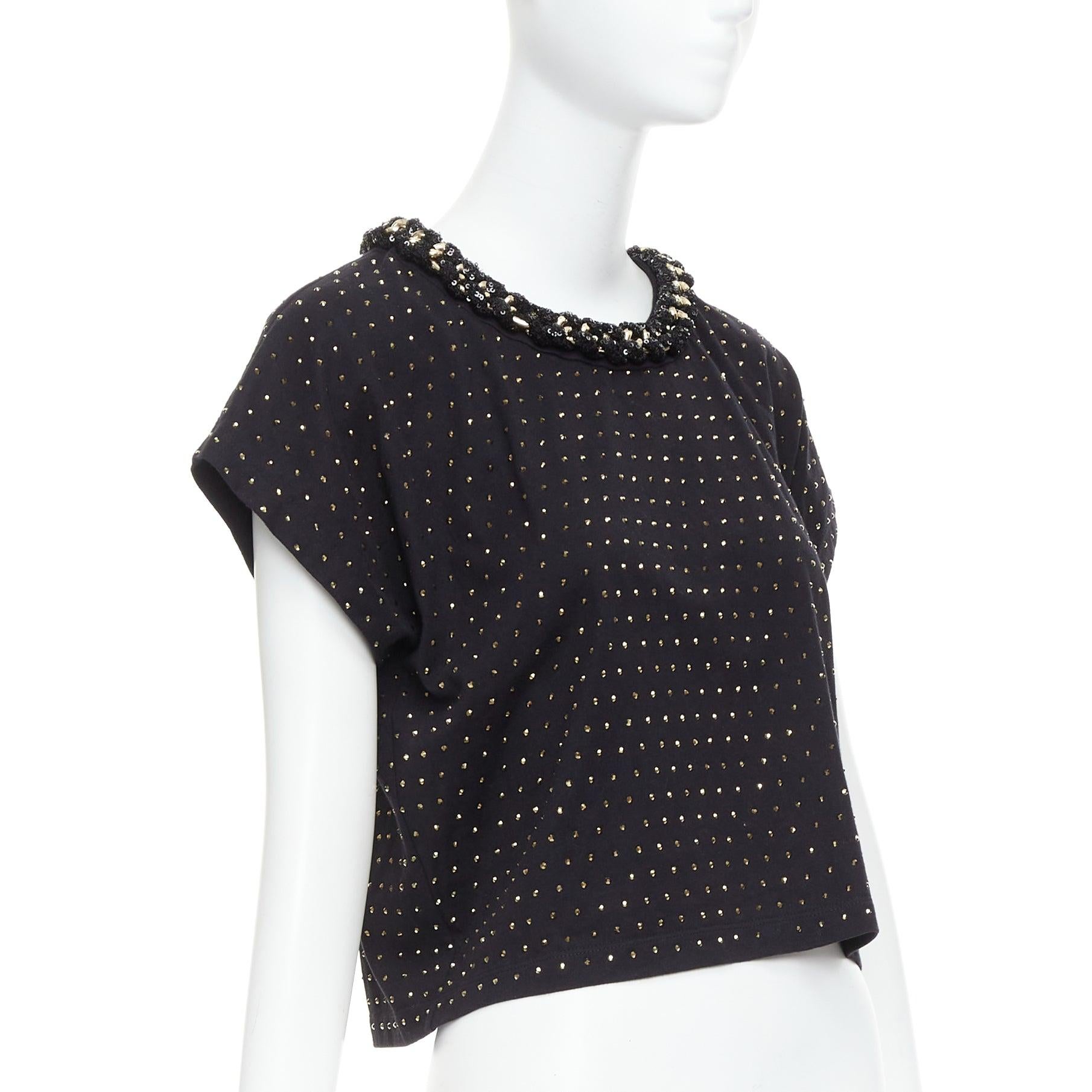 Black BALMAIN gold crystal rhinestone chain embellished black crop tshirt XS For Sale
