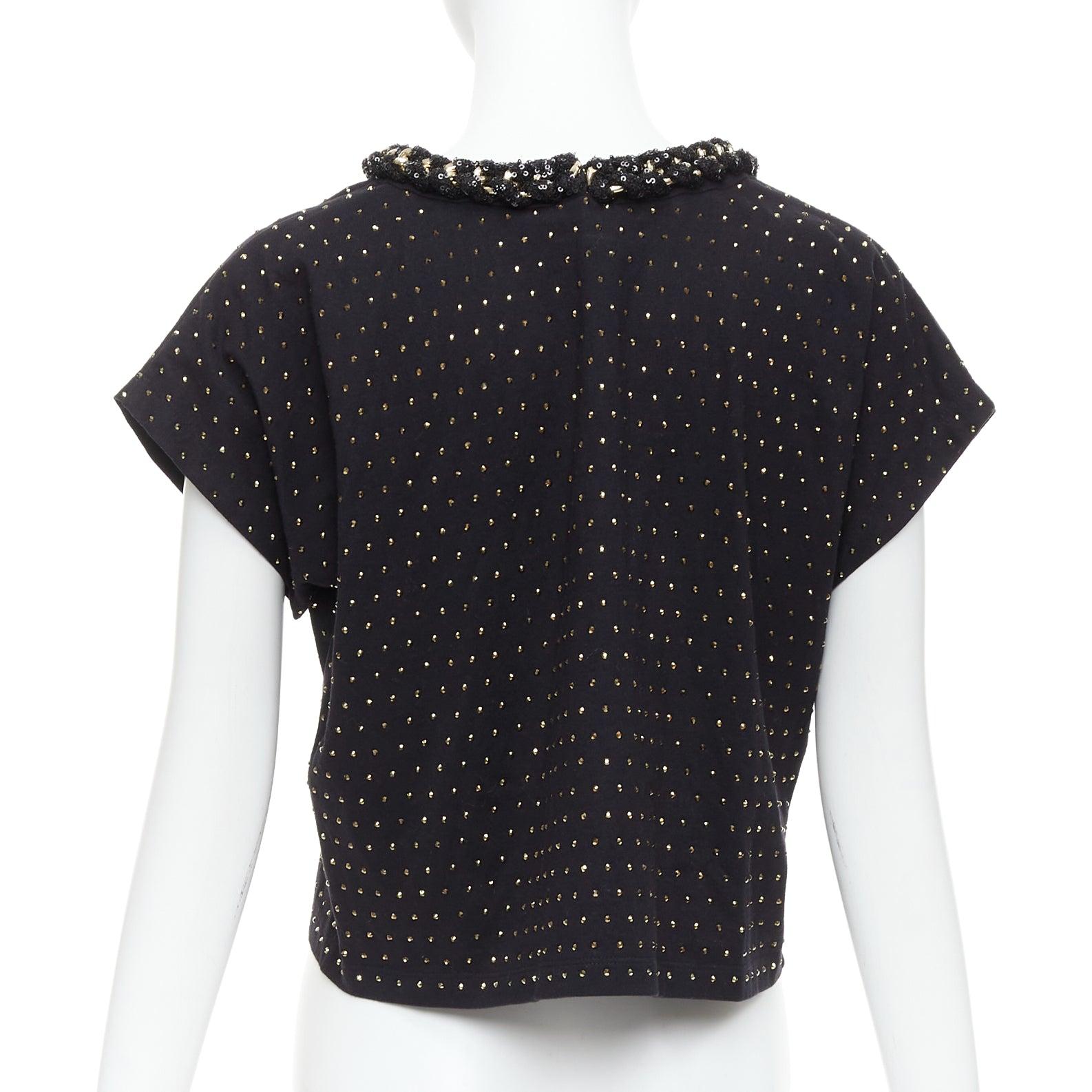 Women's BALMAIN gold crystal rhinestone chain embellished black crop tshirt XS For Sale