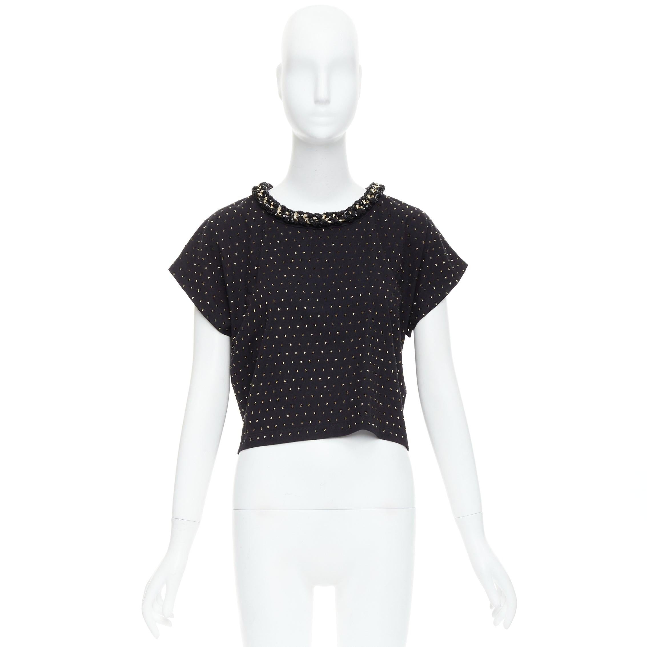 BALMAIN gold crystal rhinestone chain embellished black crop tshirt XS For Sale 4