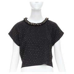 BALMAIN gold crystal rhinestone chain embellished black crop tshirt XS