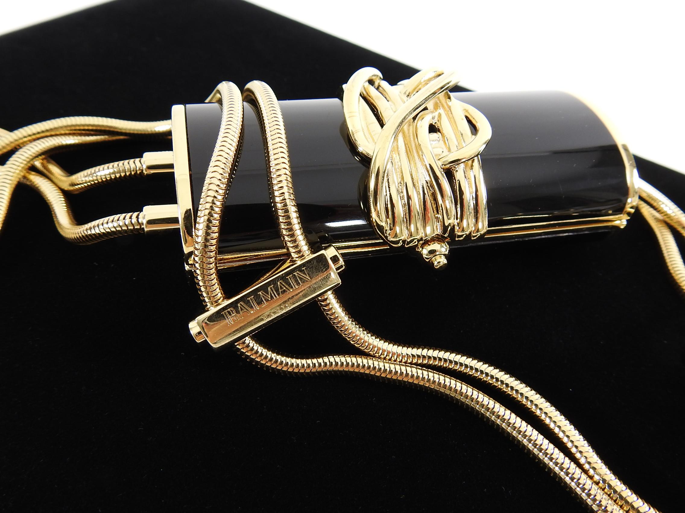 Balmain Gold Fringe Chain and Black Enamel Minaudiere Evening Bag In Good Condition In Toronto, ON