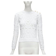 BALMAIN gold military buttons white open knit cropped sweater FR34 XS